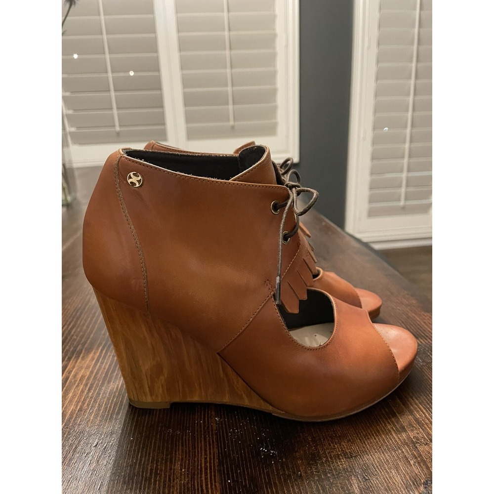 *CAPEZZANI Lace Up Brown‎ Leather Wedge Open Toe Bootie 37 US 6 Italy